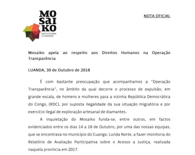 Mosaiko apela ao respeito aos Direitos Humanos na Operação Transparência